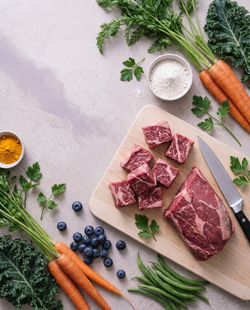Bancada de preparo: proteína, legumes e frutas pesados antes de ir ao fogo